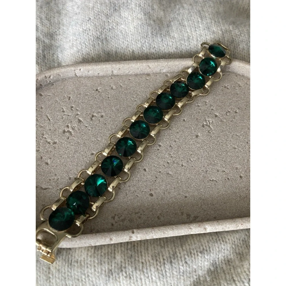 Wide Gold Tone Bracelet Green Faceted Bling Tennis Statement Chunky Costume